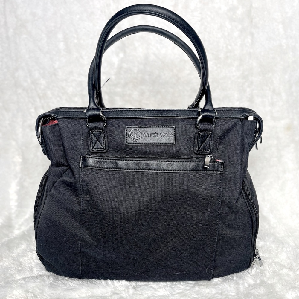 Sarah Wells Claire Black Breast Pump Bag with red interior lining